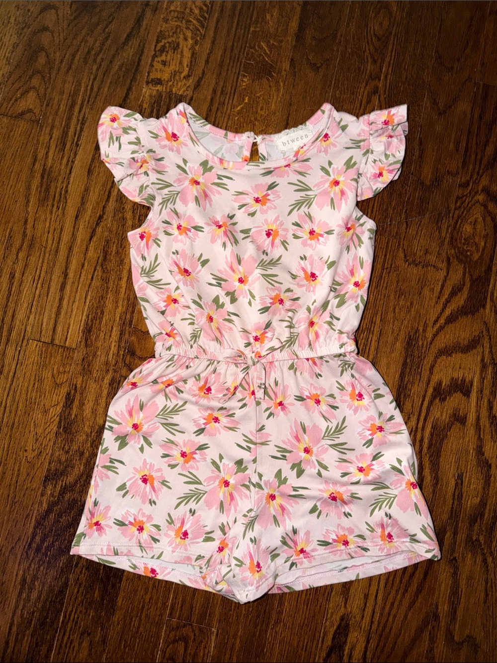 Children's Pink Floral Romper with Flutter Sleeves